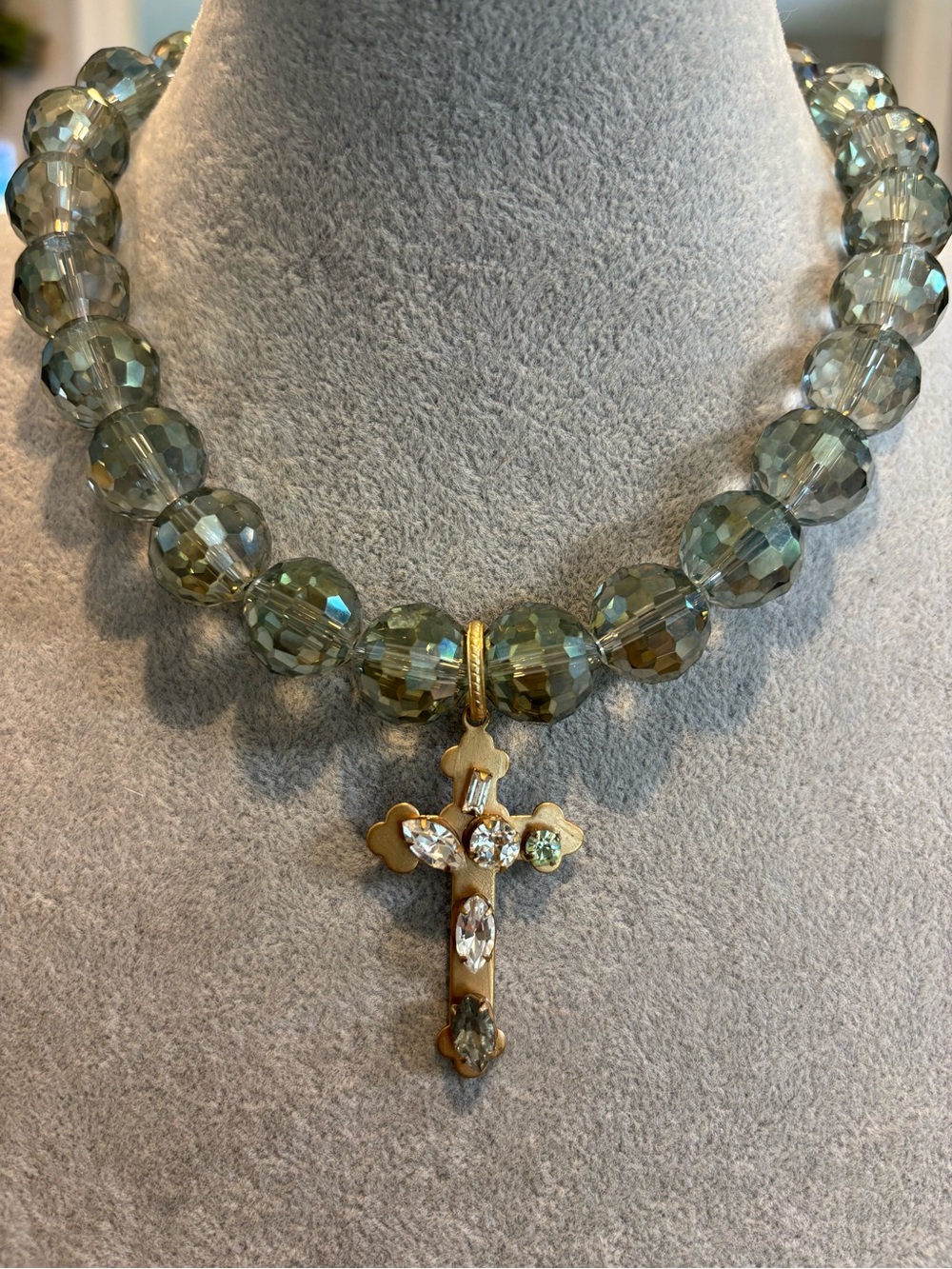 Necklace with Faceted Green glass Beads and Gold Cross Pendant w/vintage gems!